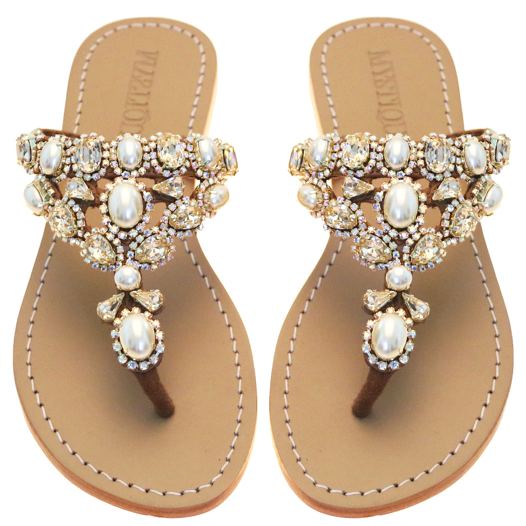 Jeweled & Embellished Flat Leather Women's Sandals | Mystique Sandals