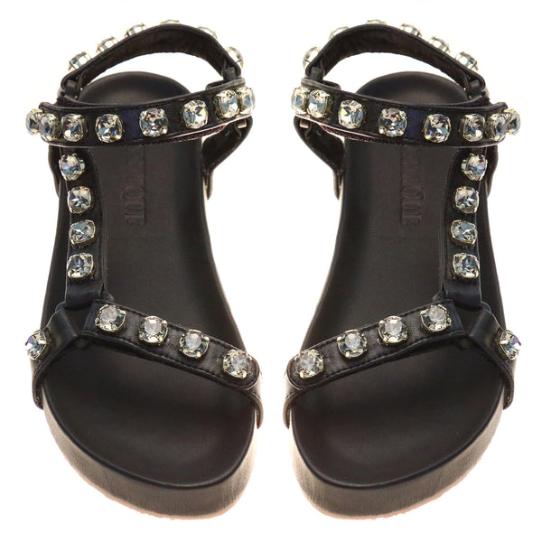 Brazil- Women's Black Leather Padded Gem Sandals | Mystique Sandals