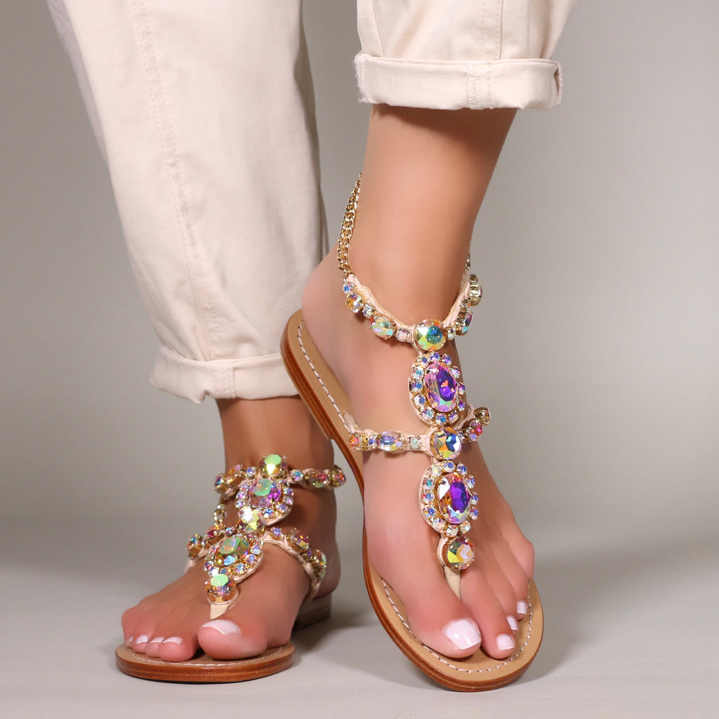 Jeweled And Embellished Flat Leather Womens Sandals Mystique Sandals 