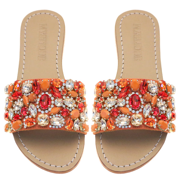 Cancun - Women's Orange Jeweled Slide Sandals | Mystique Sandals