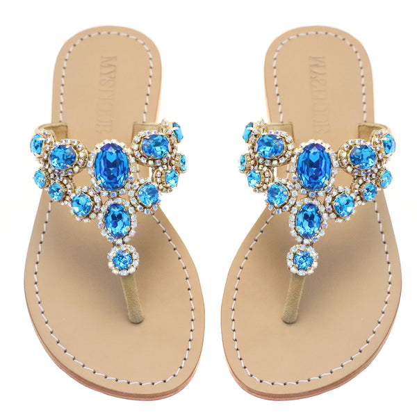 Cape Town - Women's Blue Leather Jeweled Sandals | Mystique Sandals