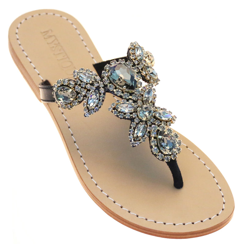 Chandler- Women's Black Jeweled Floral Sandals | Mystique Sandals