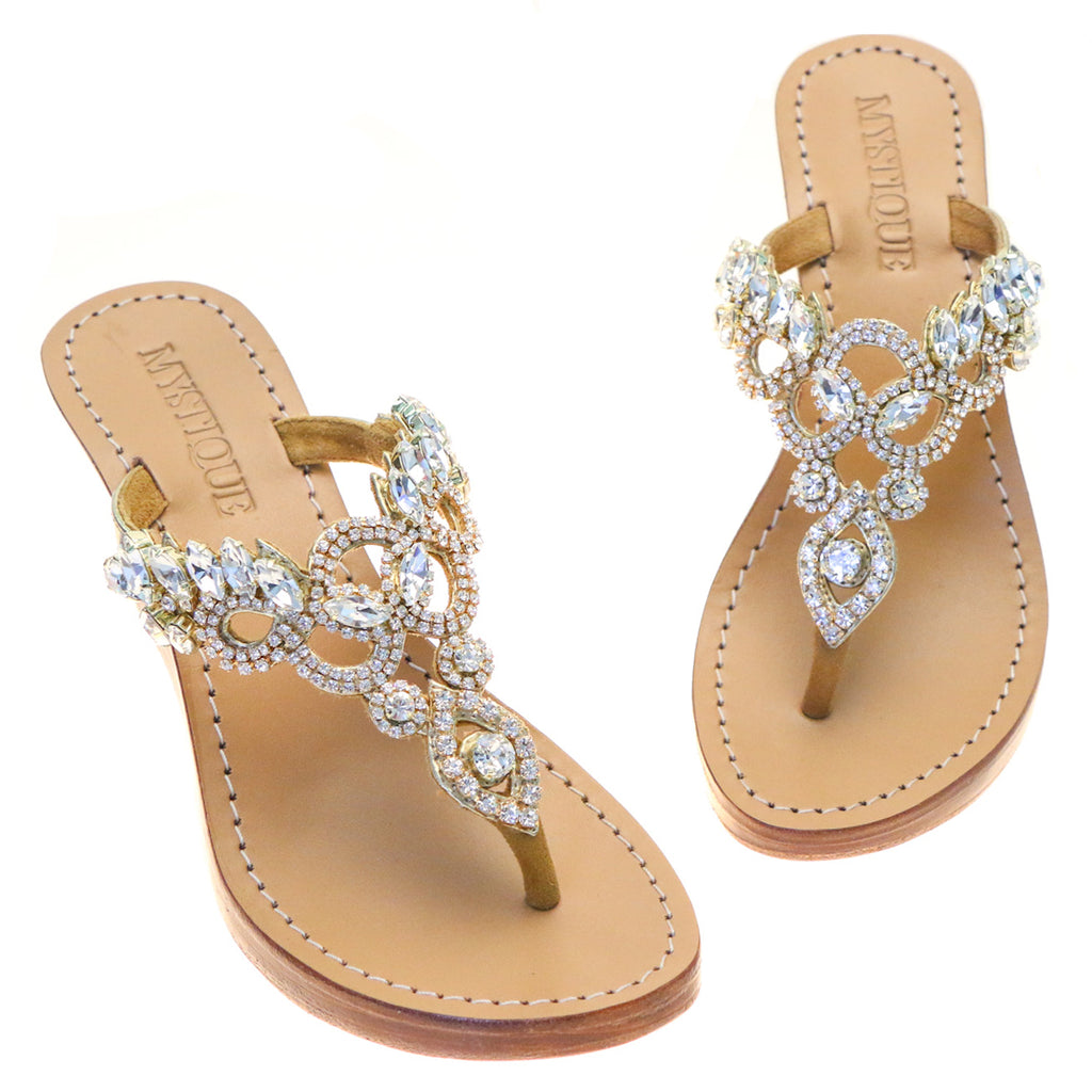 Concord - Women's Gold Jeweled Wedge Sandals | Mystique Sandals