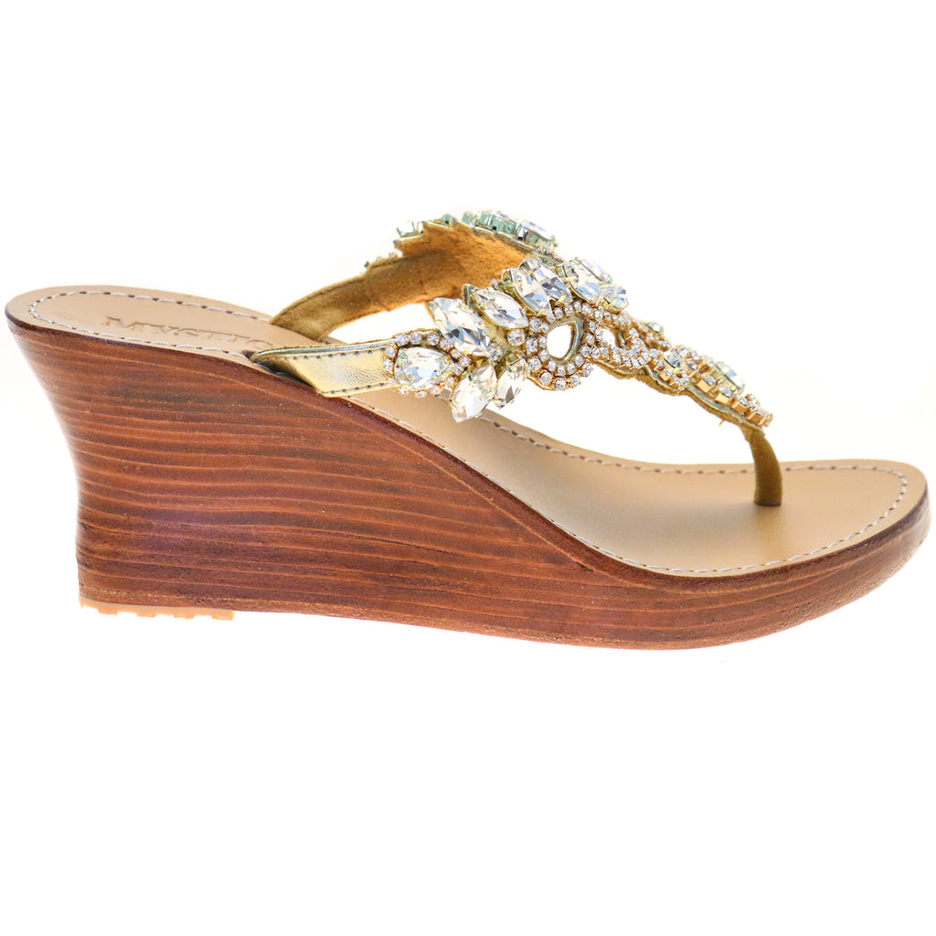 Concord - Women's Gold Jeweled Wedge Sandals | Mystique Sandals