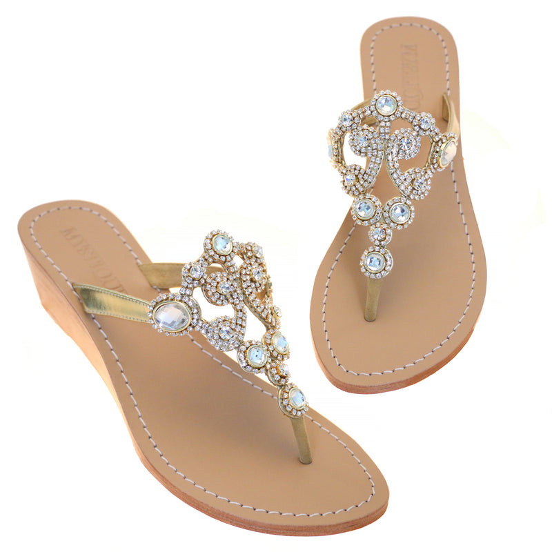 Copenhagen - Women's Leather Jeweled Wedge Sandals | Mystique Sandals