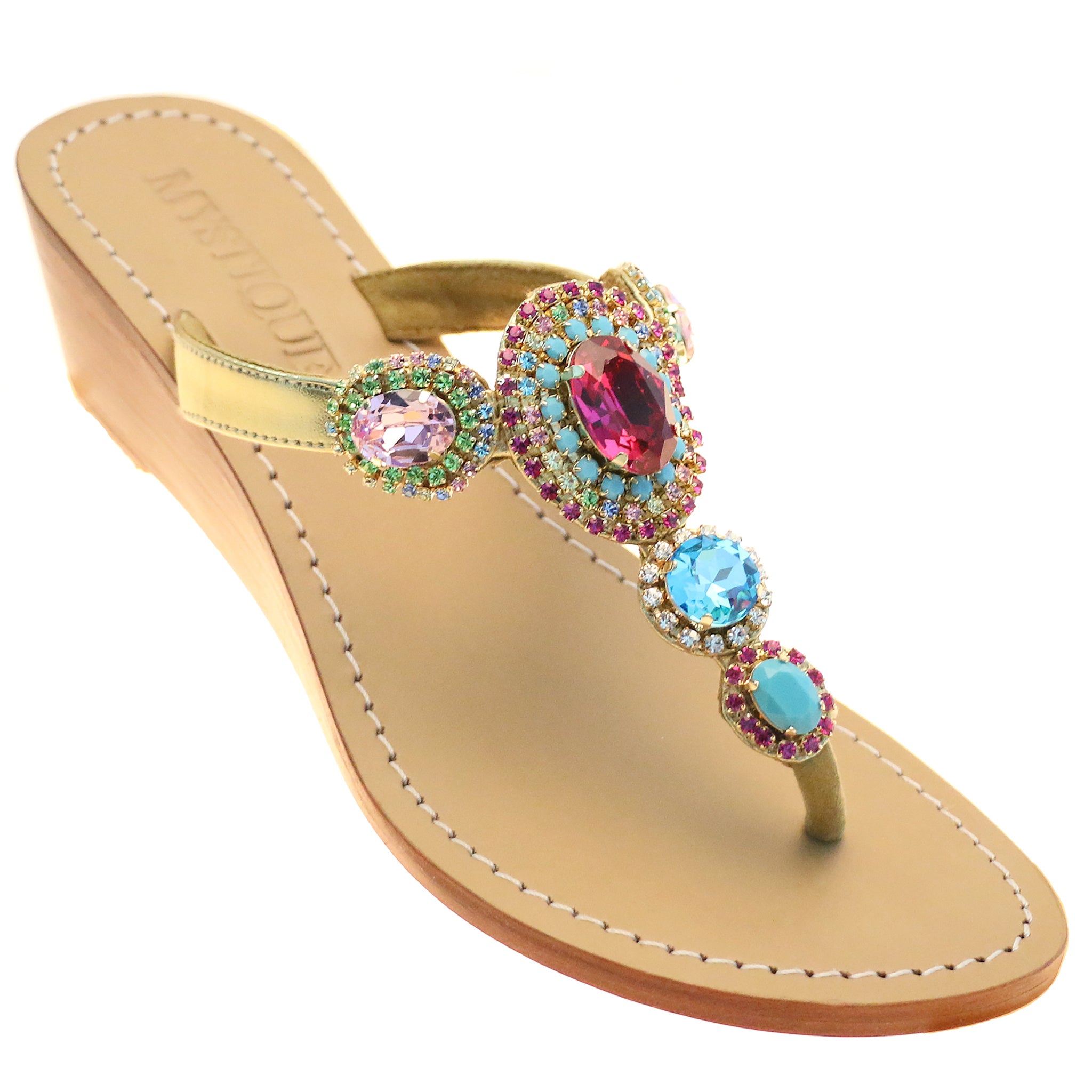 Fairview - Women's Leather Jeweled Wedge Sandals | Mystique Sandals