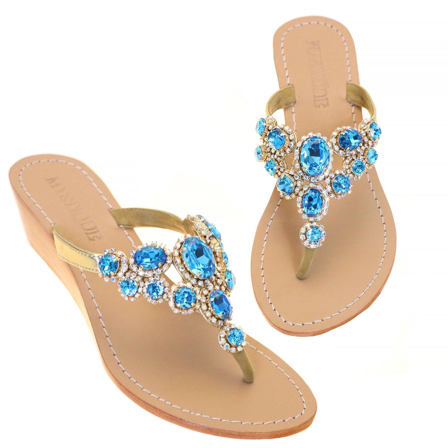 Haiti - Women's Blue Jeweled Wedge Sandal | Mystique Sandals