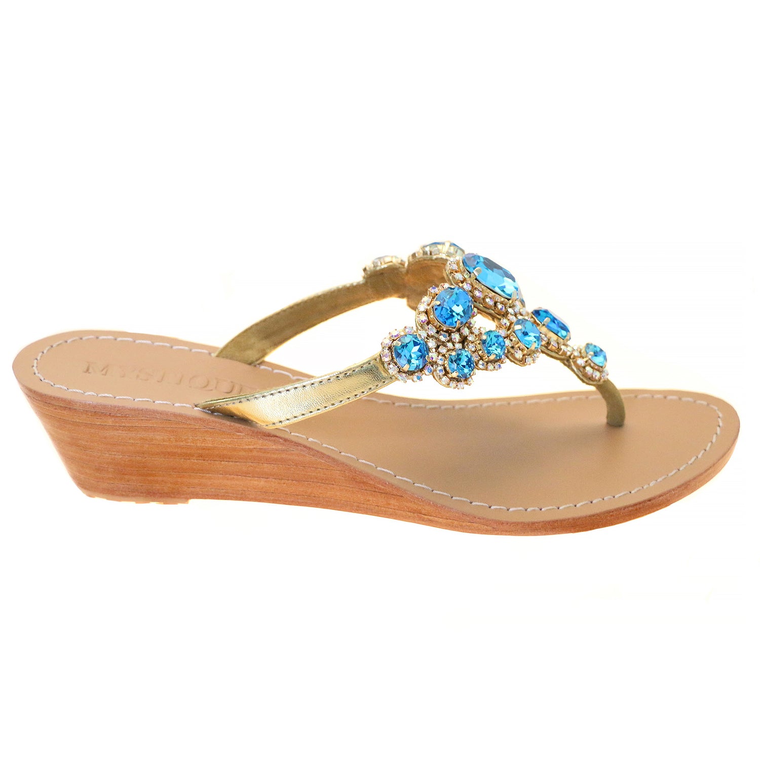 Haiti - Women's Blue Jeweled Wedge Sandal | Mystique Sandals