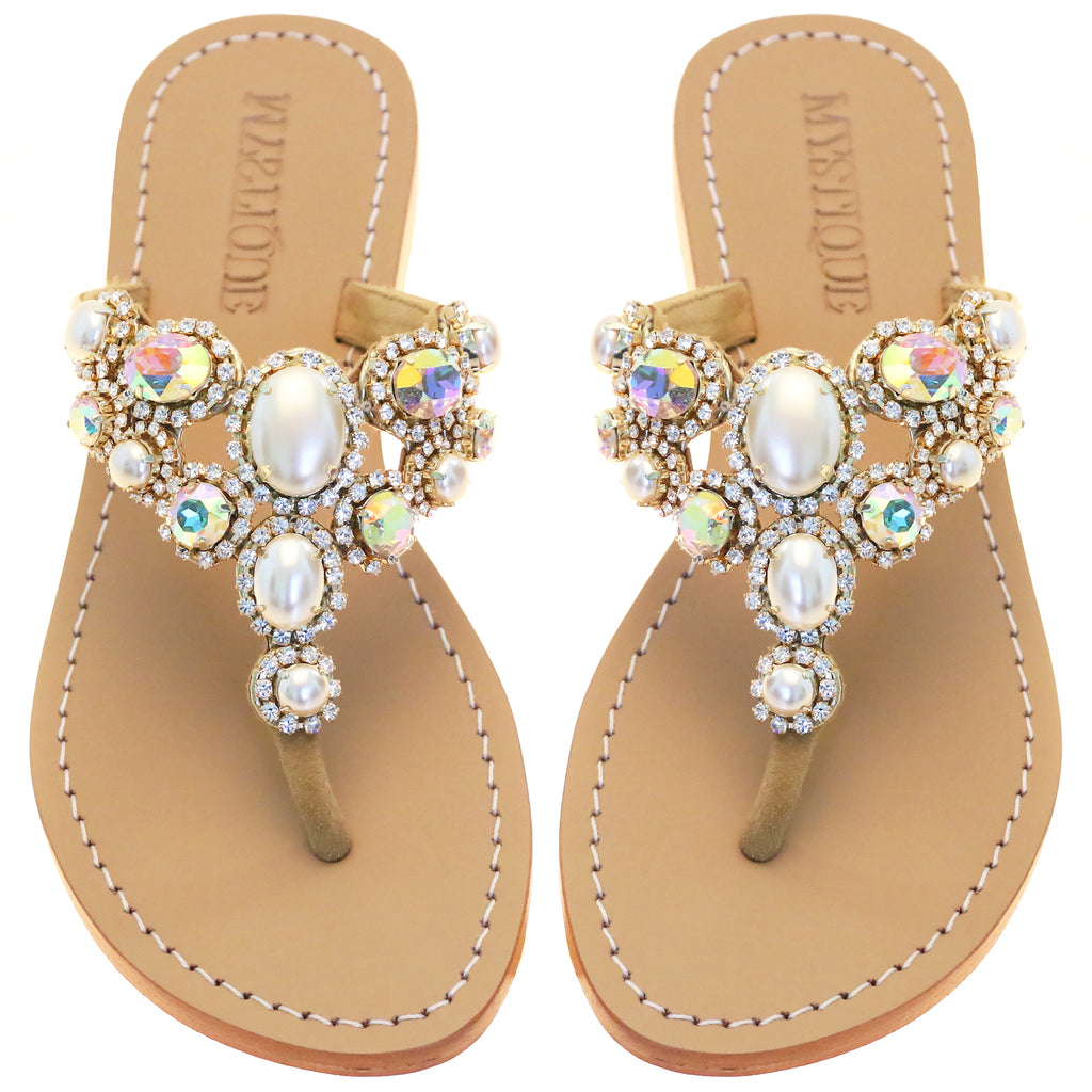 Jeweled & Embellished Flat Leather Women's Sandals | Mystique Sandals