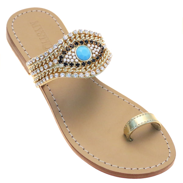 Jerusalem - Women's Gold Evil Eye Leather Sandals | Mystique Sandals
