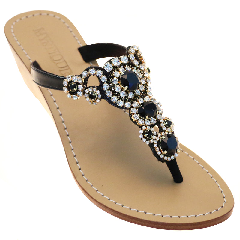 Kyoto - Women's Black Jeweled Wedge Sandals | Mystique Sandals