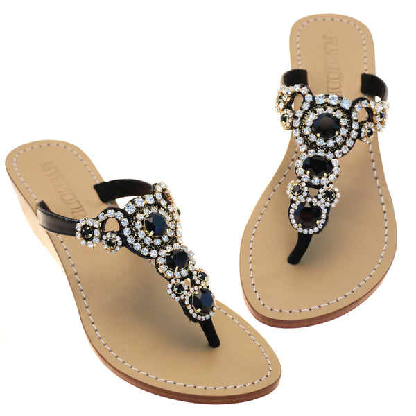 Kyoto - Women's Black Jeweled Wedge Sandals | Mystique Sandals