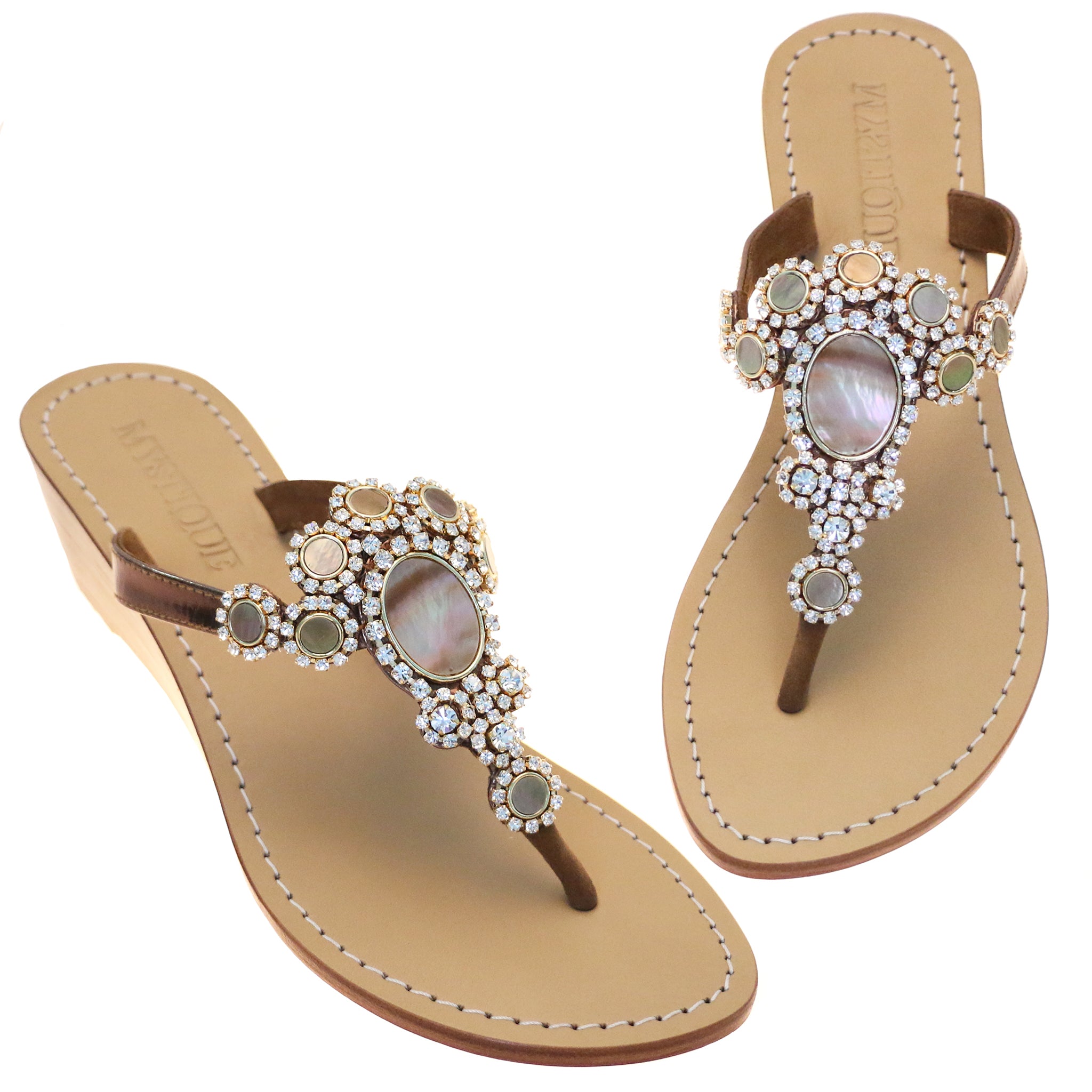 Lagos - Women's Natural Shell Jeweled Wedge Sandals - Mystique Sandals