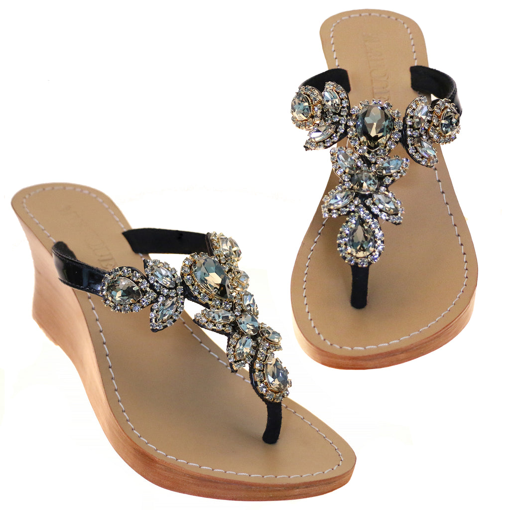 Laredo - Women's Black Jeweled Wedge Sandals | Mystique Sandals