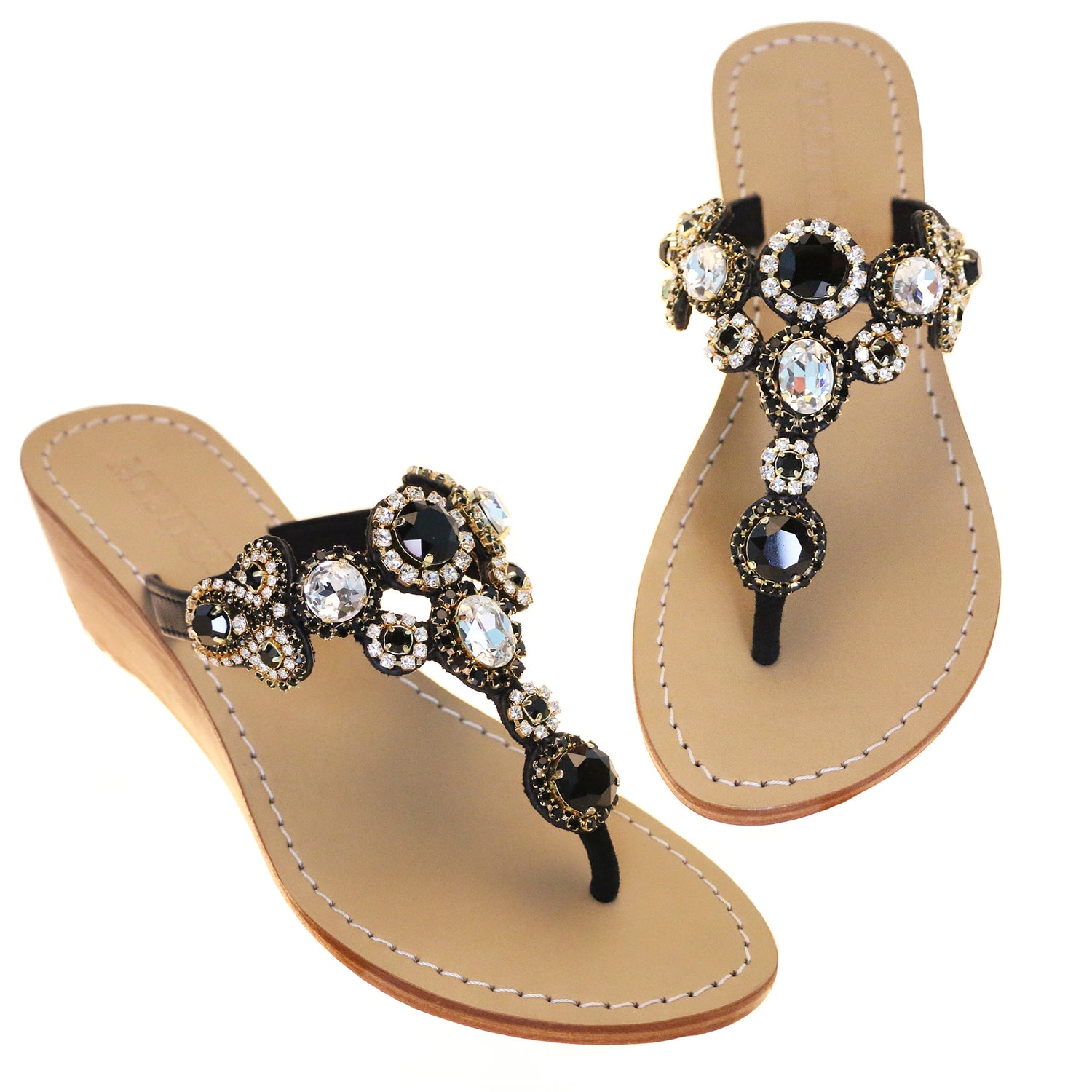 Las Vegas - Women's Black Jeweled Wedge Sandals | Mystique Sandals