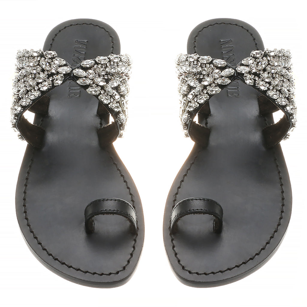 Marietta- Women's Black Jeweled Toe Ring Sandals | Mystique Sandals