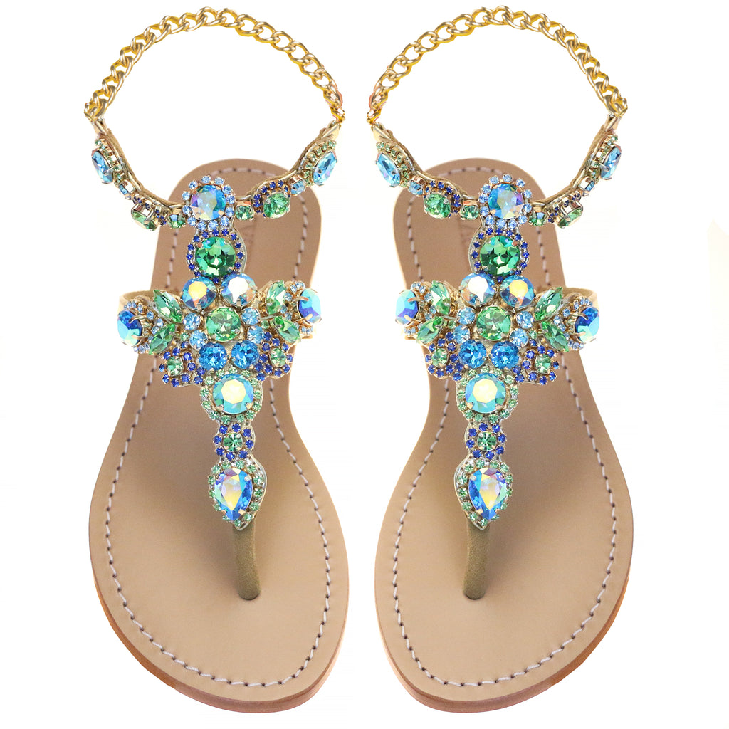 Mazatlan - Women's Aqua & Green Jeweled Sandals | Mystique Sandals
