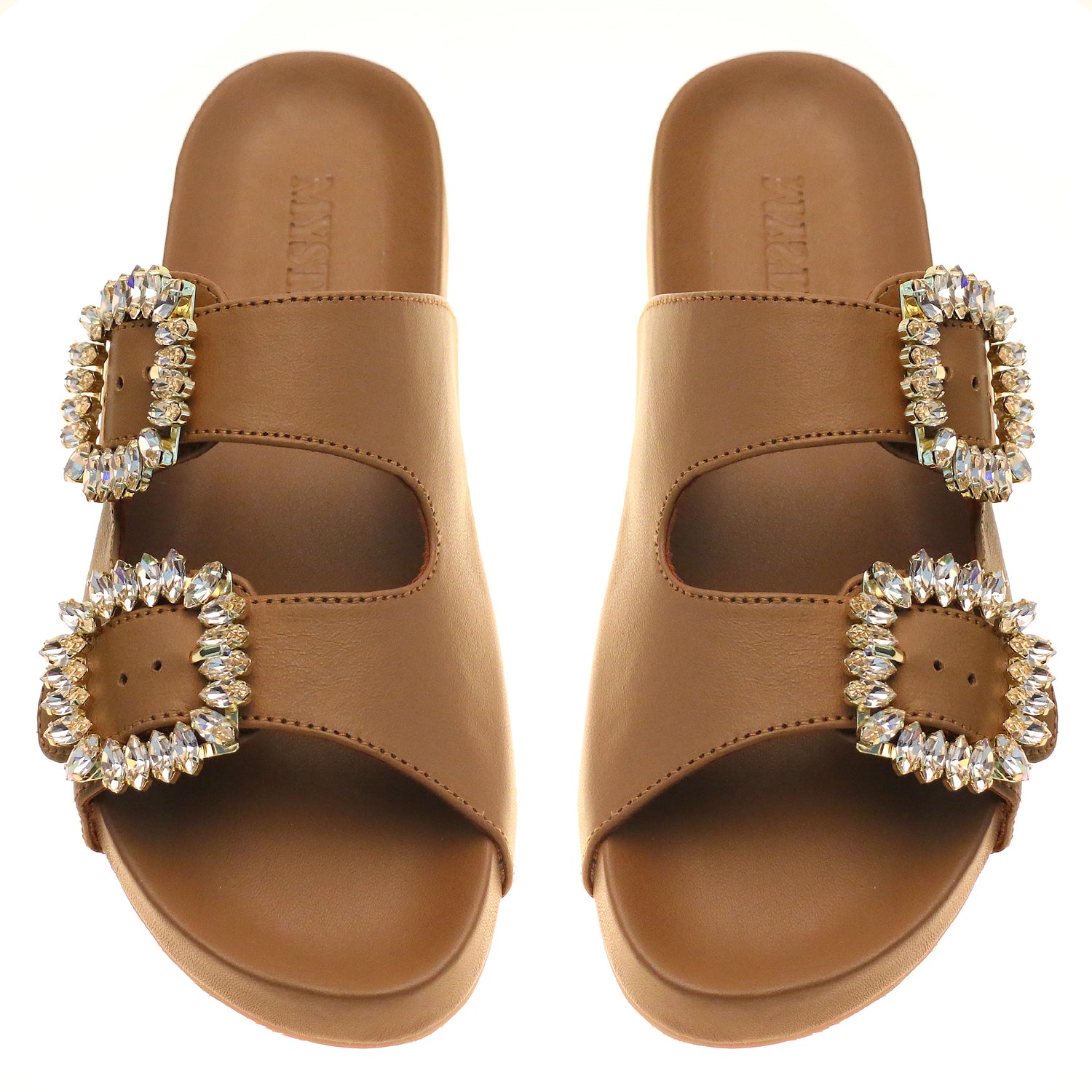 Milan- Women's Brown Crystal Buckle Padded Sandals | Mystique Sandals