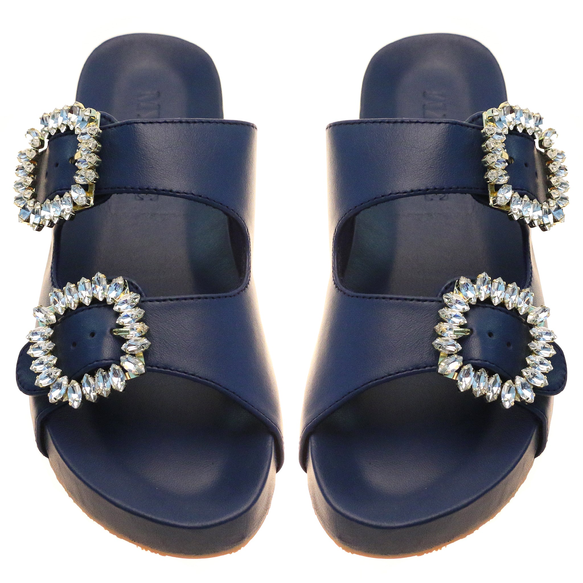 Montana - Women's Navy Crystal Buckle Padded Sandal | Mystique Sandals