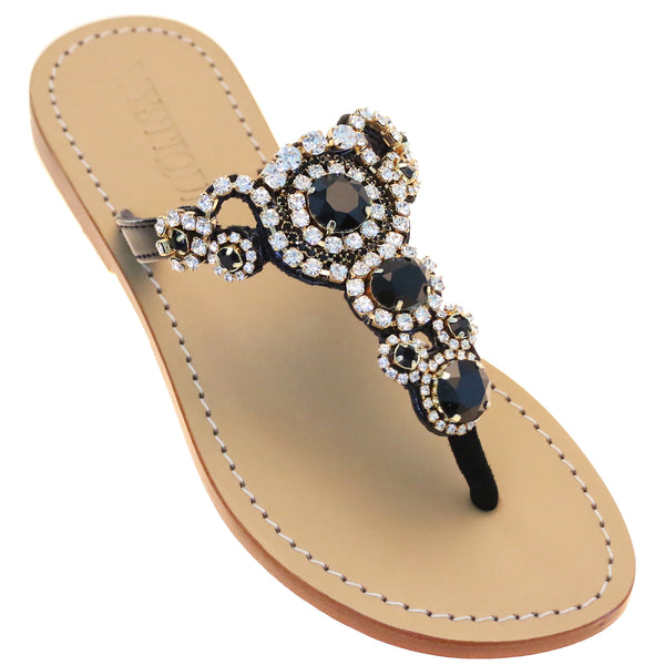 Montego Bay - Women's Black Leather Jeweled Sandals | Mystique Sandals