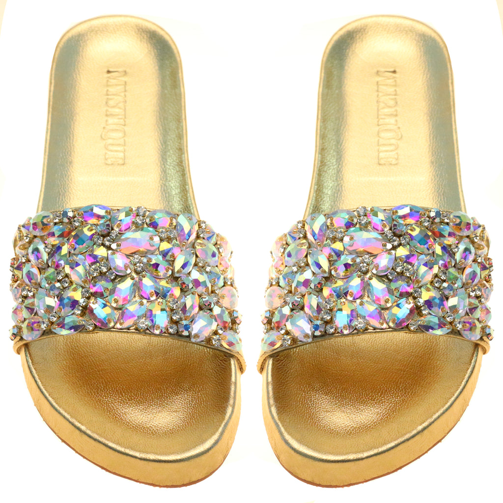 Lisa- Women's Gold Embelished Slide Sandals | Mystique Sandals