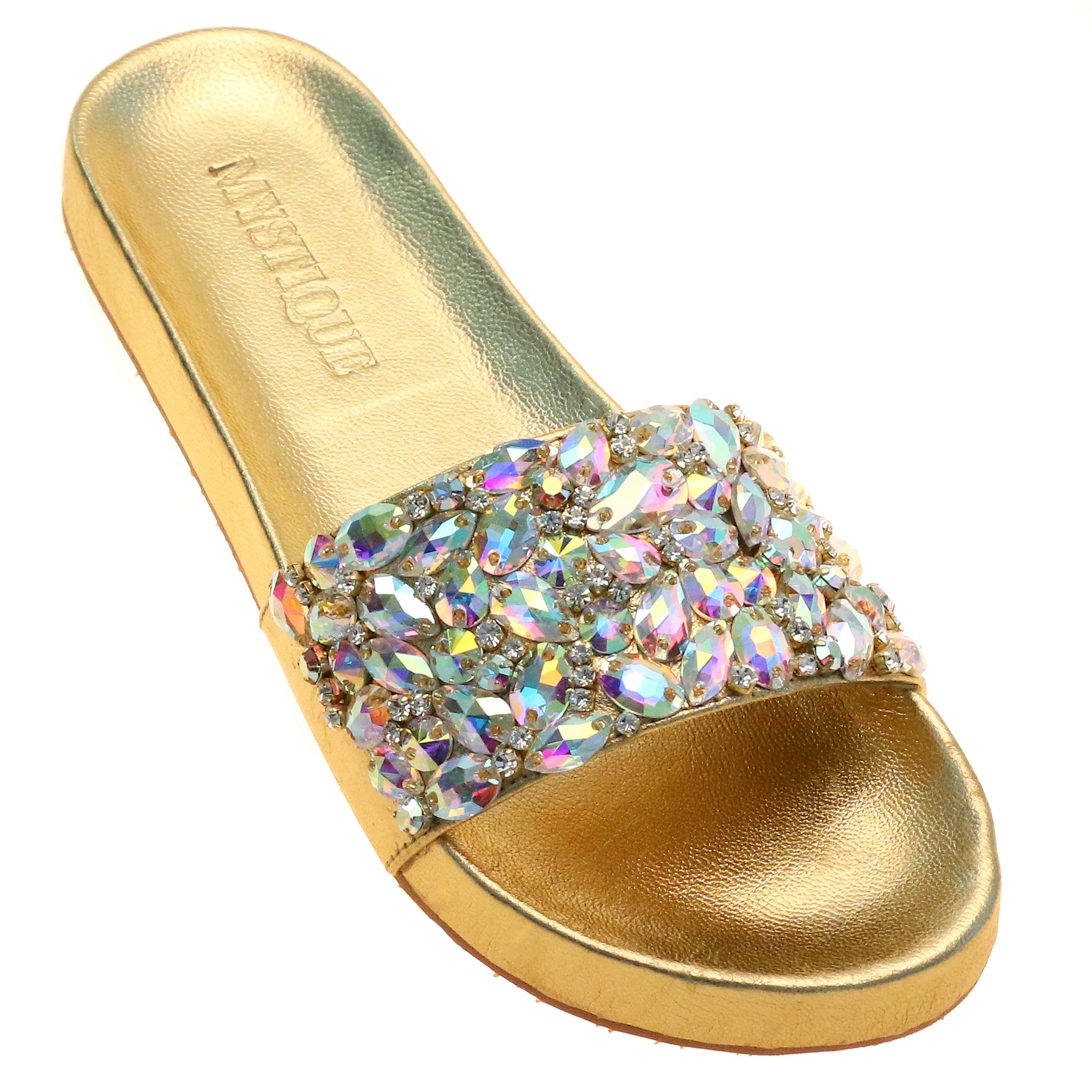 Lisa- Women's Gold Embelished Slide Sandals | Mystique Sandals