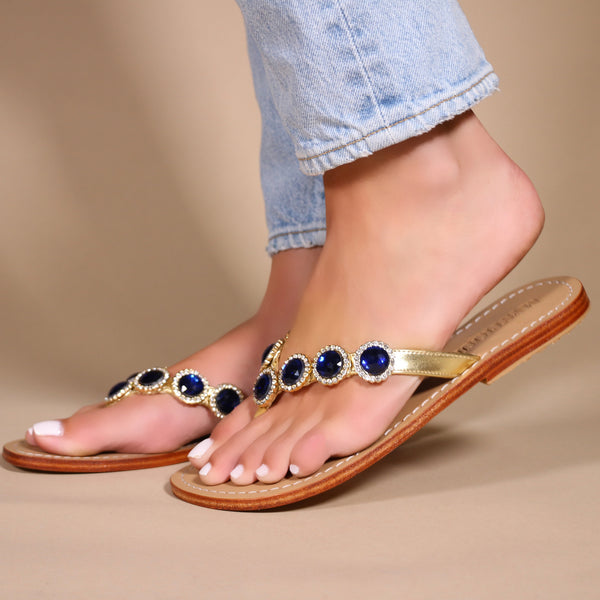 Louisville- Women's Denim Embelished Slide Sandals | Mystique Sandals 12 / Dark Denim/Pearl