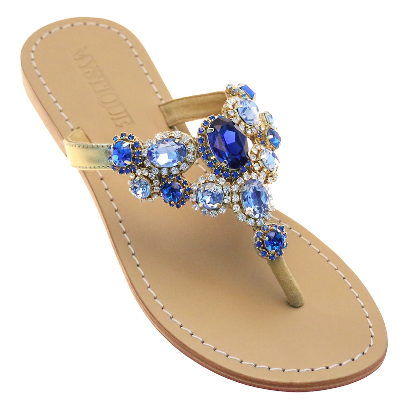 Puerto Limon - Women's Blue Jeweled Flat Sandals | Mystique Sandals