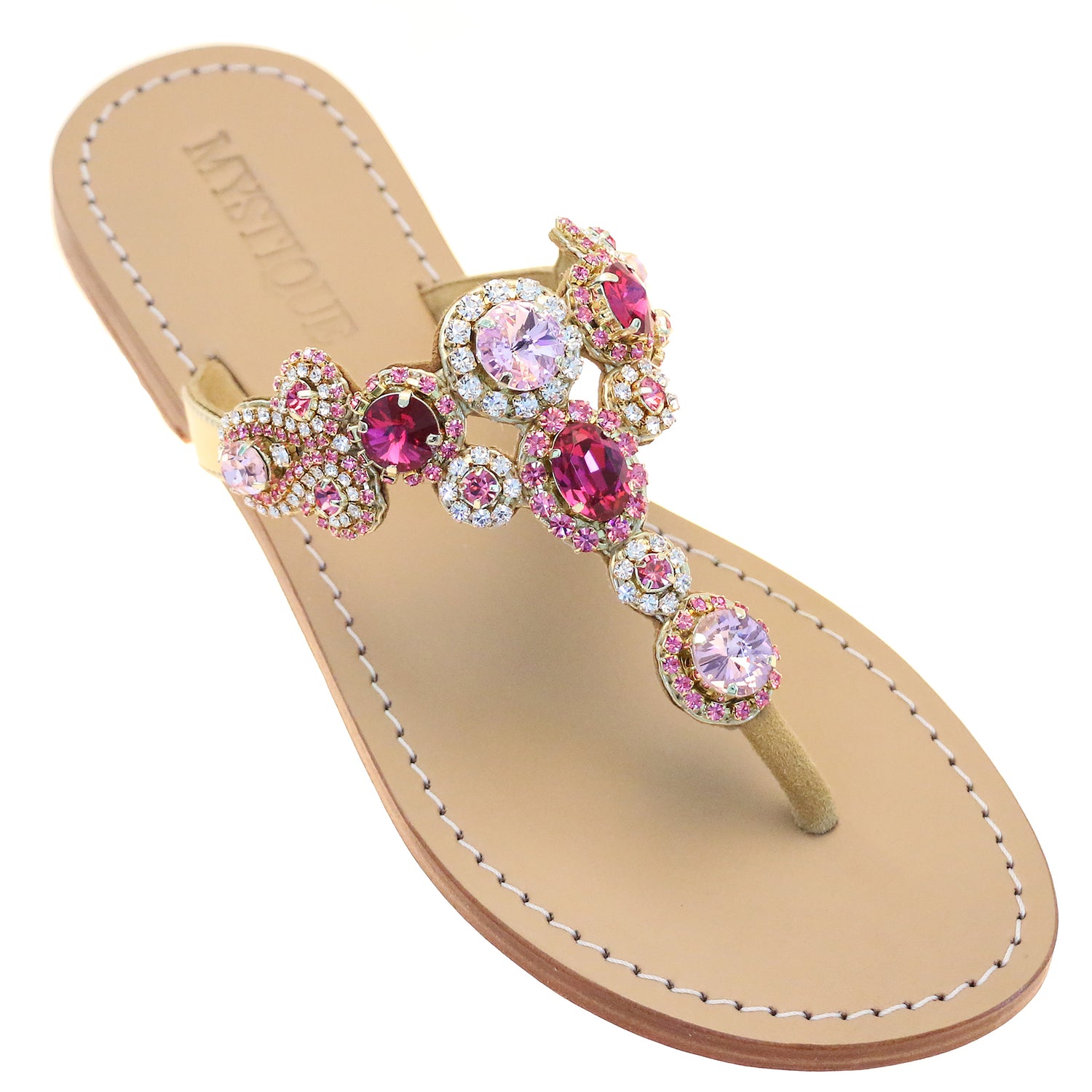 Women's Pink Leather Jeweled Sandals 