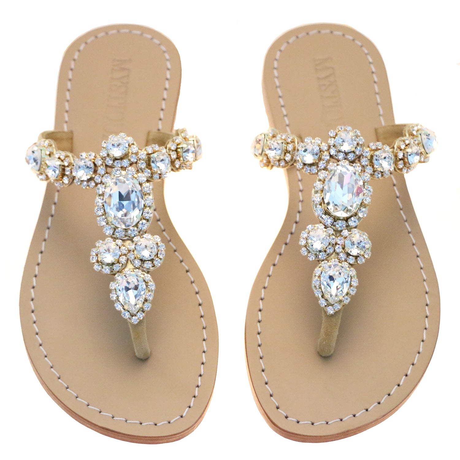 Sicily - Women's Gold Leather Clear Crystal Sandals | Mystique Sandals