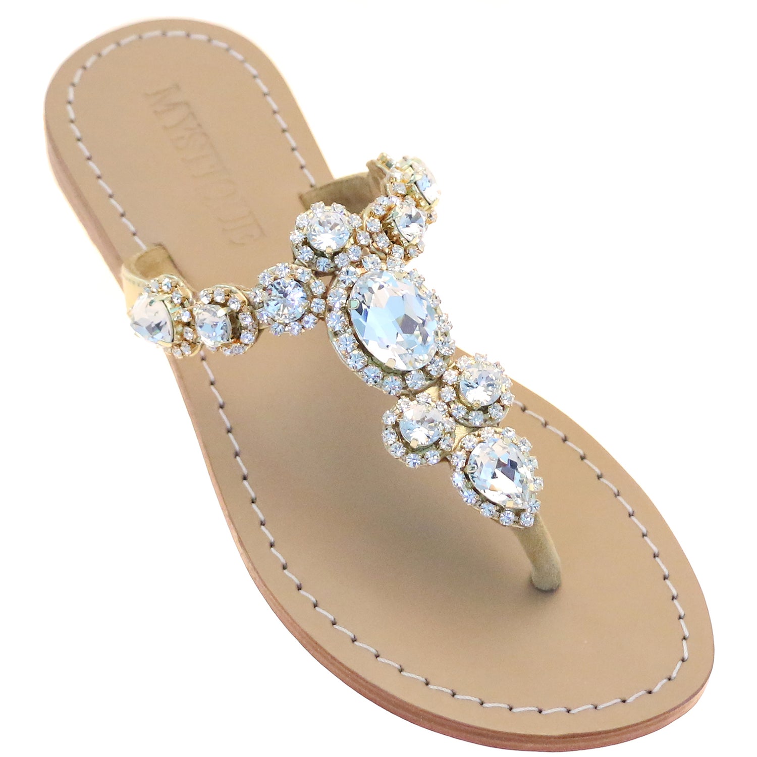 Sicily - Women's Gold Leather Clear Crystal Sandals | Mystique Sandals