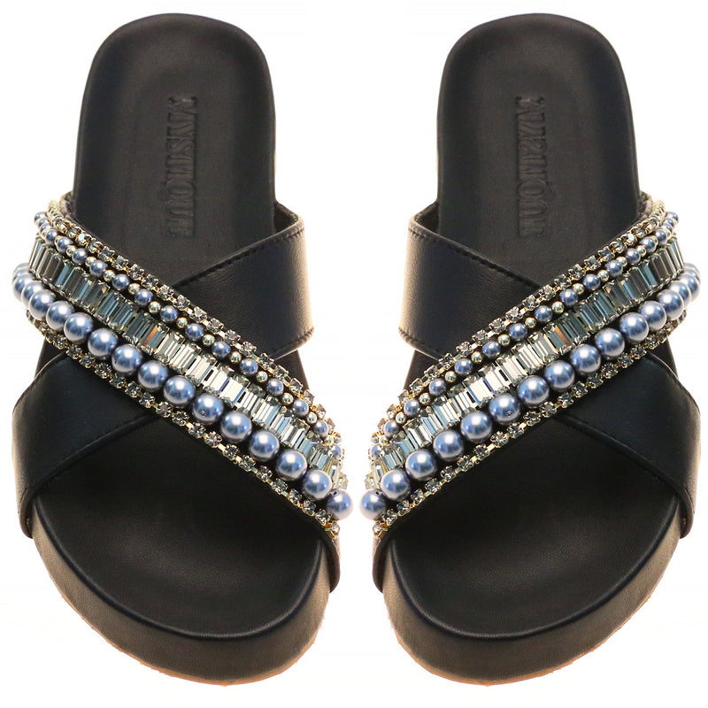 Silverlake- Women's Black Jeweled Cushioned Sandals | Mystique Sandals