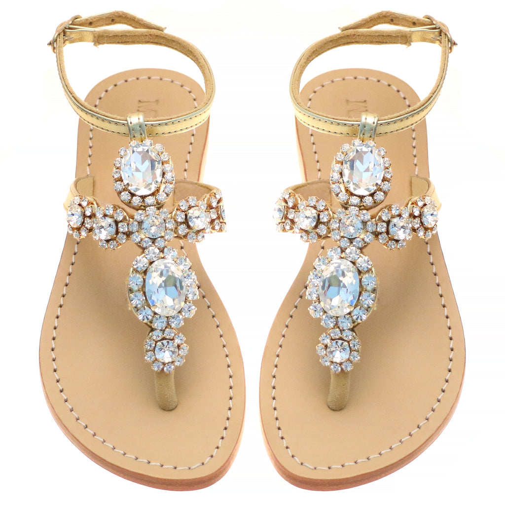 St. Thomas - Women's Gold Leather Jeweled Sandals | Mystique Sandals