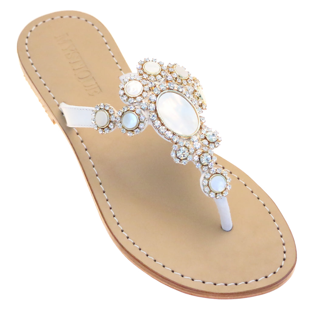 Women's Flat Leather Sandals with Shells & Stones | Mystique Sandals