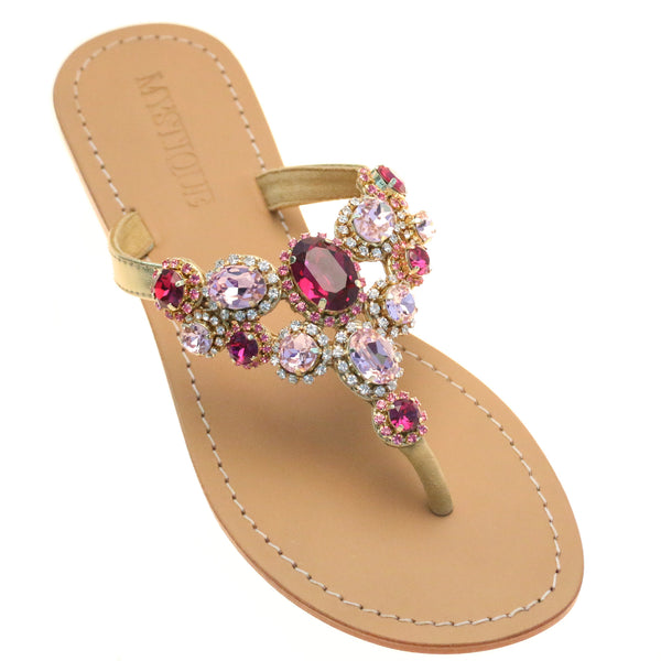 Prague - Women's Pink Jeweled Flat Leather Sandals | Mystique Sandals