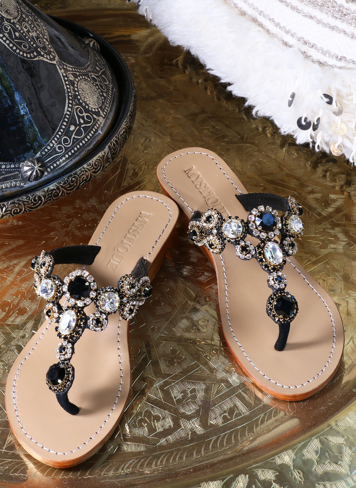 Las Vegas Women's Black Jeweled Wedge Sandals Mystique Sandals