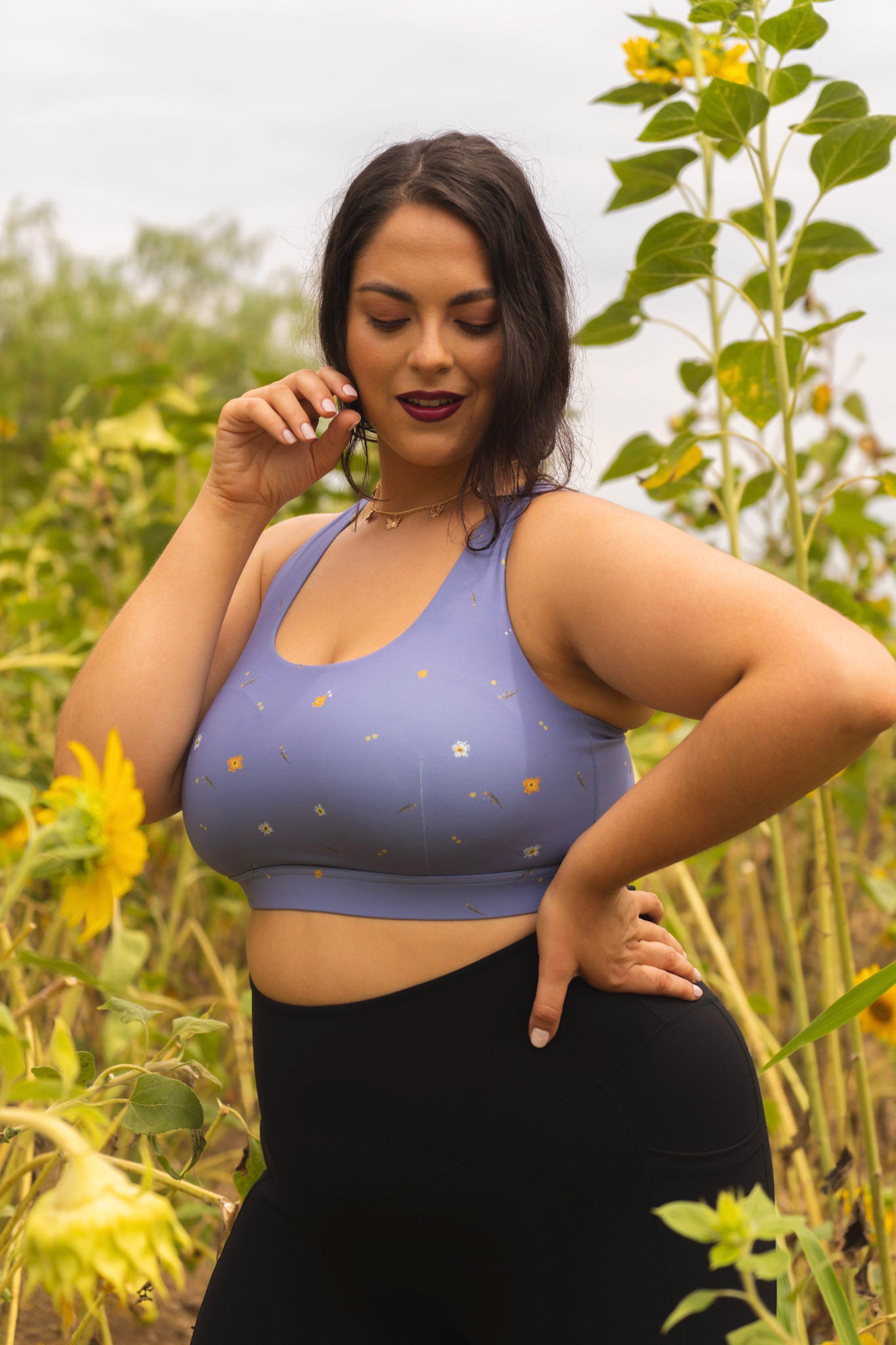 High quality plus size fashion activewear sports bra! POPFLEX model wears the Sunrise Bra from the POPFLEX cottagecore collection