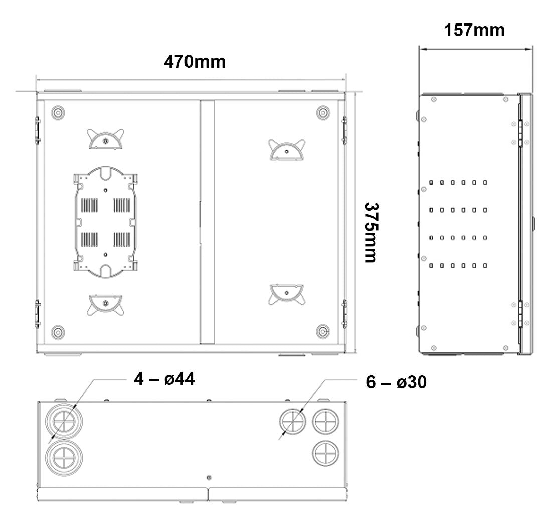 Dimension diagram for FTBT48 Series Indoor Wall Mount Fiber Optic Patch Panel