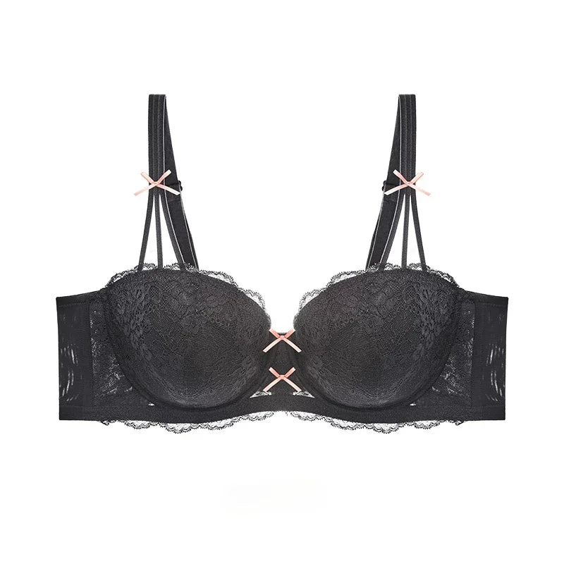 Black Half Cup Gathered Bowknot Thin Large Size Push Up Lace Tube Top Minimizer Bra