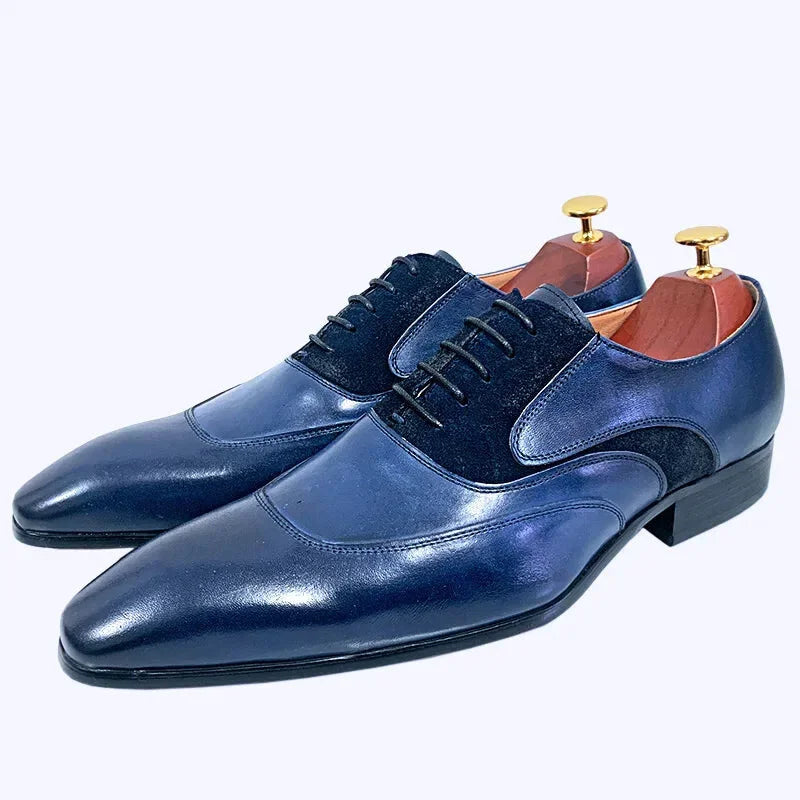 Men's Luxury Lace Up Pointed Toe Suede Patchwork Genuine Leather Oxford Shoes
