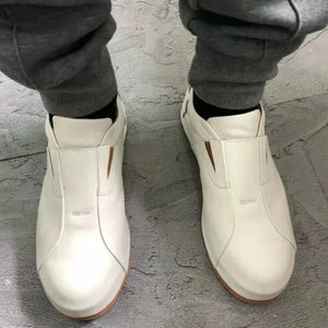 Men's White Handmade Round Toe Genuine Leather Slip-on Casual Shoes - GeraldBlack.com