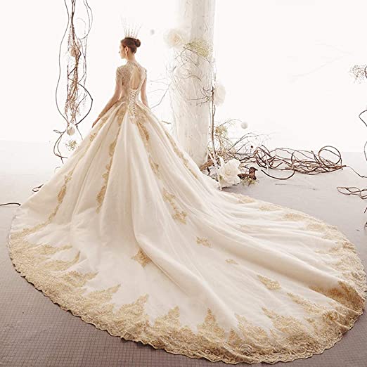 A-Line V-Neck Champagne Lace Wedding Dress with Full Sleeves and Crystal Beads - SolaceConnect.com