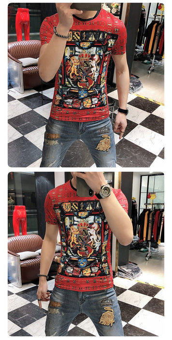 Casual Fashion Men's Red Printed Short Sleeves Social Club T-shirt Outfit - SolaceConnect.com