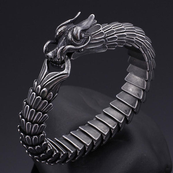 Charm Men's Stainless Steel Black Dragon Animal Head Blessing Bracelet - SolaceConnect.com
