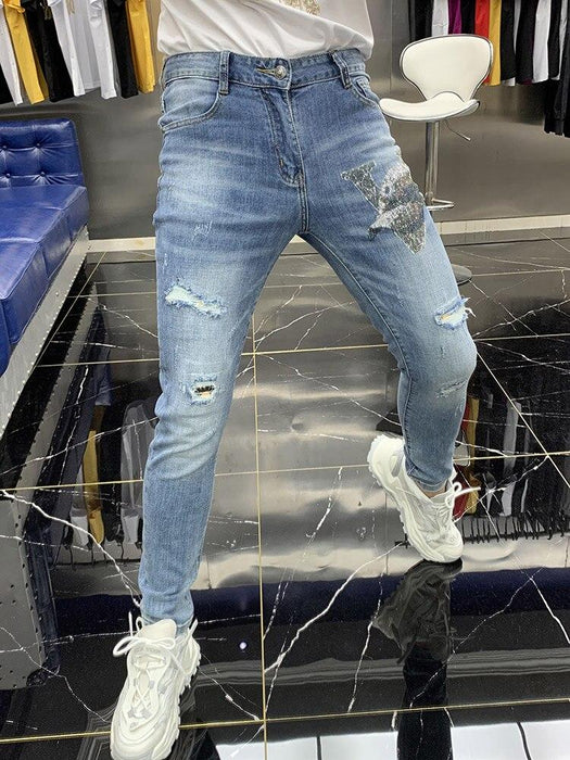 European Fashion Hombre Hole Mid Waist Denim Jeans Trousers Pants - SolaceConnect.com