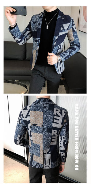 Fall and Winter Big Letter Printed Slim Fit Men's Blazer for Party and Club - SolaceConnect.com