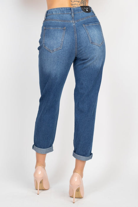 Stylish Fashion Women's Medium Denim Rhinestones Ripped-front Skinny Jeans - SolaceConnect.com