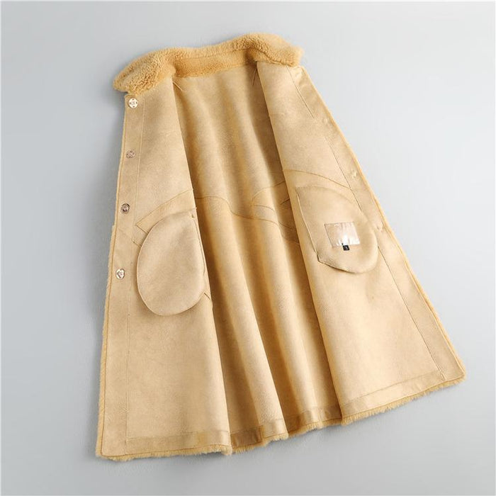 Winter Women's Yellow Sheep Shearling Wool Long Pockets Coats & Jackets  -  GeraldBlack.com
