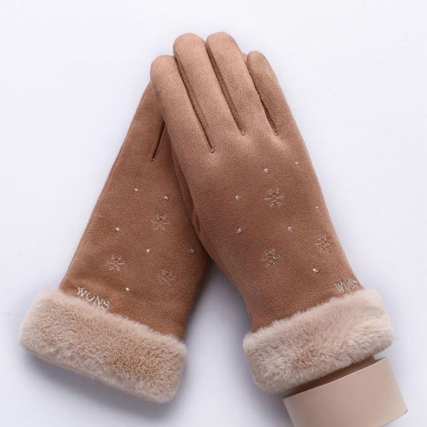 Women's Suede Double Layer Furry Winter Snowflake Touch Screen Gloves - SolaceConnect.com
