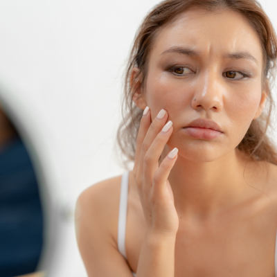 woman checking sensitive skin in mirror